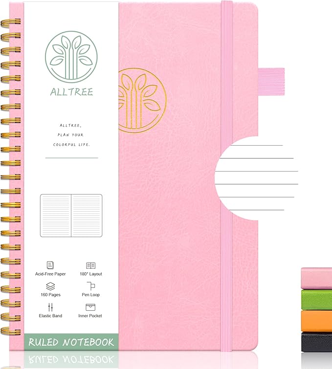 Alltree Lined Journal Notebook, Hardcover Spiral Notebook for Work, Hardcover Spiral Notebook with Tabs, Pen Loop, Pocket, Stickers, 160 Pages, Journal for Women & Men, Pink(6"x8.5")