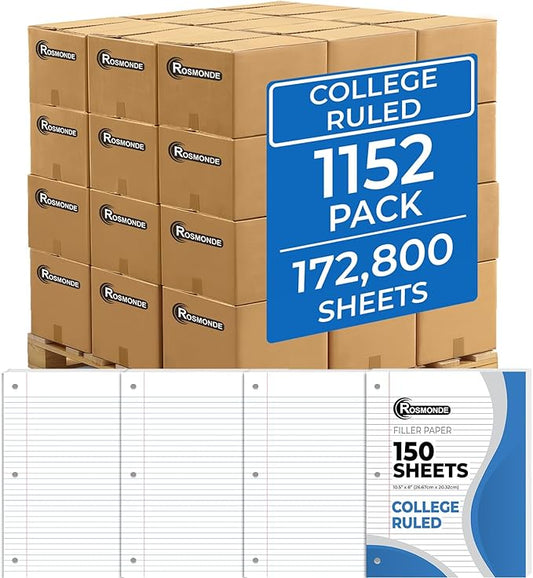 1152 Pack (Pallet) Loose Leaf Paper Bulk, 172800 Sheets, College Ruled, 150 Sheets/Pack, 8 x 10.5", Pallet of Filler Paper, 3 Hole Punched,56 Gsm Thick Paper, School & Office,4-7 Days Transit