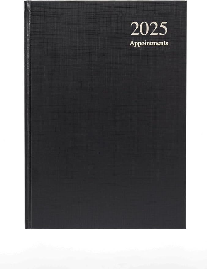 Collins Essential 2025 Business Diary - A5 Day to a Page with Appointments Planner with Leathergrain Hardback Cover - Black - ESSA51A.99-25