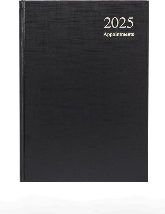 Collins Essential 2025 Business Diary - A5 Day to a Page with Appointments Planner with Leathergrain Hardback Cover - Black - ESSA51A.99-25