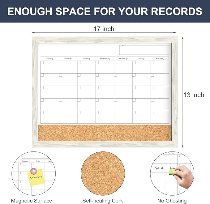 Calendar Whiteboard for Wall, TANKEE 17"x13" Whiteboard Calendar Cork Board Combo, Small Magnetic White Board with Wood Framed, Hanging Dry Erase Board for Kitchen Home Office School Planner