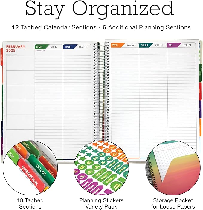 Aug 2024-Jul 2025 Deluxe Teacher Planner Notebook 8.5x11 Daily Weekly Monthly Organizers with 7 Periods, Pocket Folder, Dated Calendar, Page Tabs, Bookmark and Planning Stickers (Tree Seasons)
