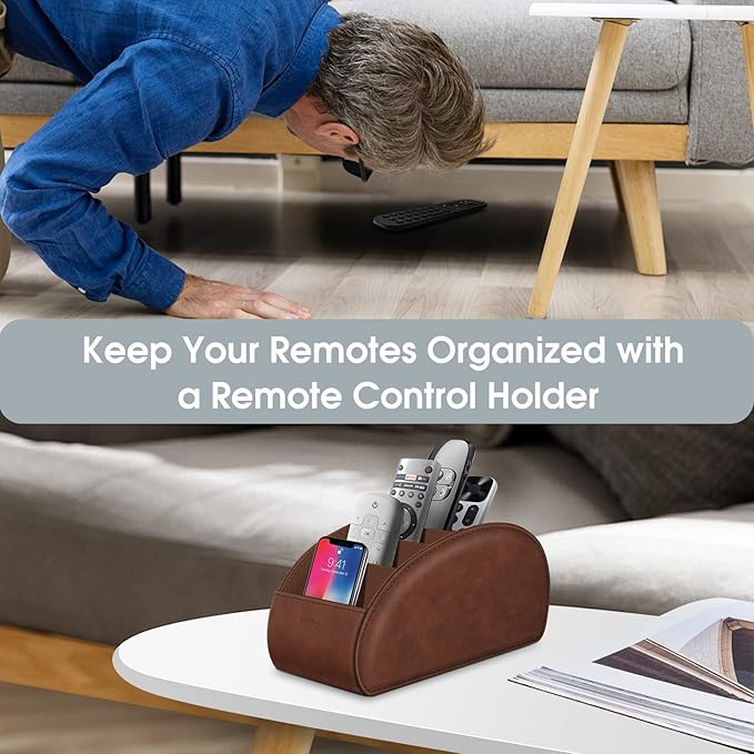 Large Remote Control Holder with 5 Compartments, KENOBEE Anti-slip Desktop Caddy Storage Organizer for Phone, Remote Controllers, Office Supplies, Makeup Brush, Media Accessories,Brown