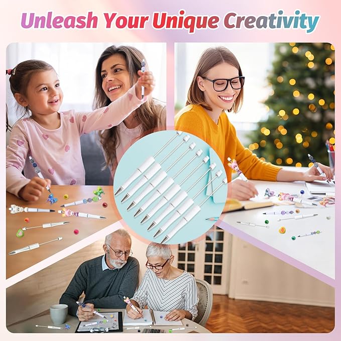 15 Pieces Beadable Pens - Beaded Pens Plastic Diy Black Ink Ballpoint Pens Bulk - Bead Pens Suitable For Teacher, Students, Office, School, Graduation Gift Supplies（White）