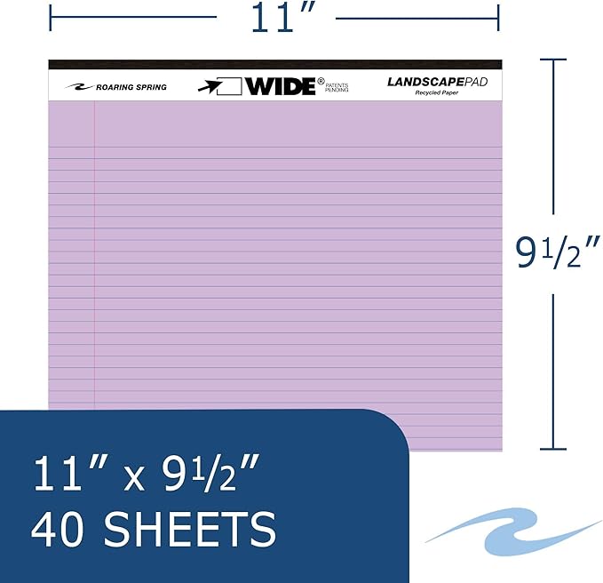Roaring Spring Case of 12 Packs of 3 Landscape Note Pads, 11"x9.5", 40 sheets 16# Recycled pastel Paper Per Pads, 3 Assorted Colors, College Ruled