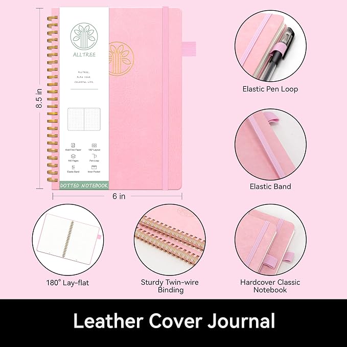 Alltree Spiral Dot Grid Notebook Journal, Dotted Paper Notebook for Work, Hardcover Spiral Notebook with Pen Loop, Pocket, Stickers, 160 Pages, Journal for Women & Men, Pink(6"x8.5")