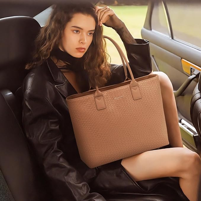 LOVEVOOK Laptop Tote Bag for Women 15.6 Inch, Woven-like PU Work Tote Briefcase for Office with Small Clutch, Light Brown