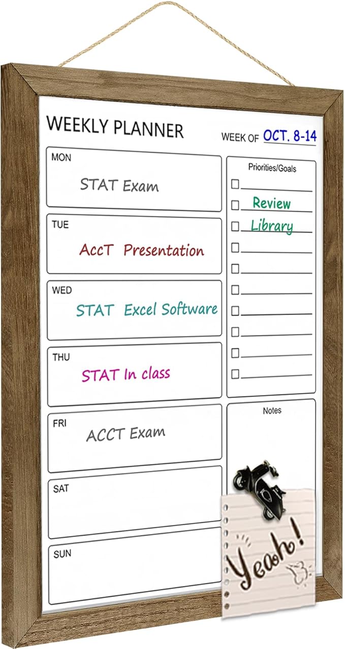 Dry Erase White Board Weekly Calendar Board, Magnetic Whiteboard for Wall,10.5“x14.5 Solid Wood Rustic Brown Framed Message Board, Planner Board for Office, Home, Schooll(Weekly-BB-RB-2737)
