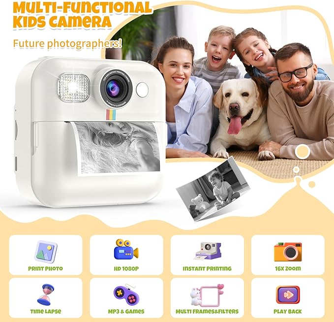 Kids Instant Print Camera for Girls Age 3-8, Toddler Travel Selfie Video Camera Toys with Color Pens (White)