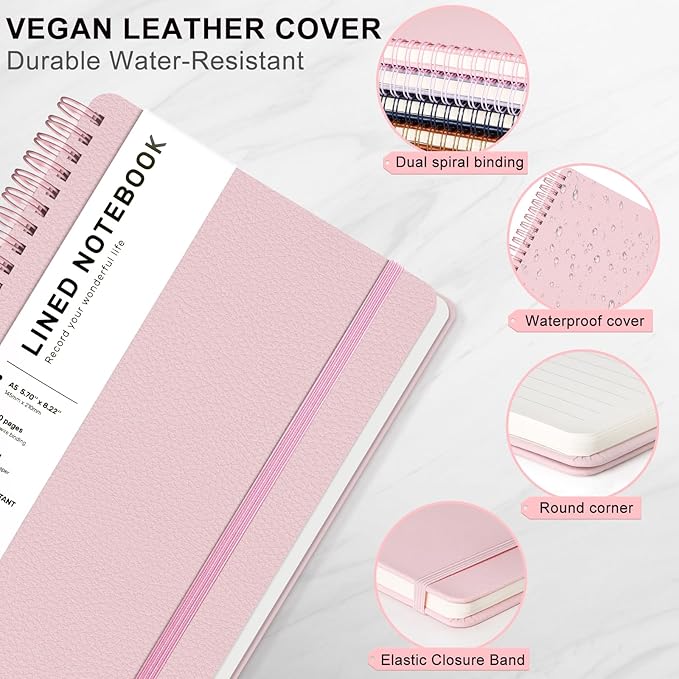 ABERLLS Pink Lined Spiral Journal Notebook with 160 Pages, 8×5.7in, A5 Spiral Notebook, Journaling Notebooks for Work, School, Women, Men, College Ruled Spiral Notebook, Hardcover Leather Journals