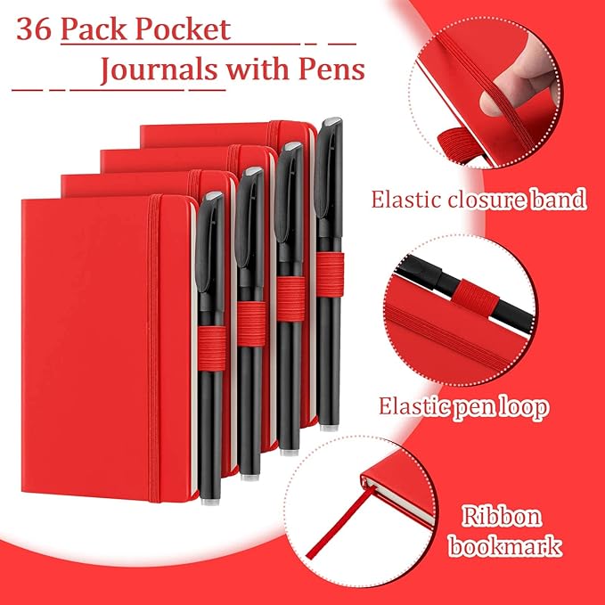 Laumoi 36 Sets Pocket Notebook Journals with Pens A6 Cute Small Journal Notebook Ruled Lined Mini Notepad Hardcover Executive Notebooks Set with Pen Holder for School Office, 3.7 x 5.7 Inch (Red)