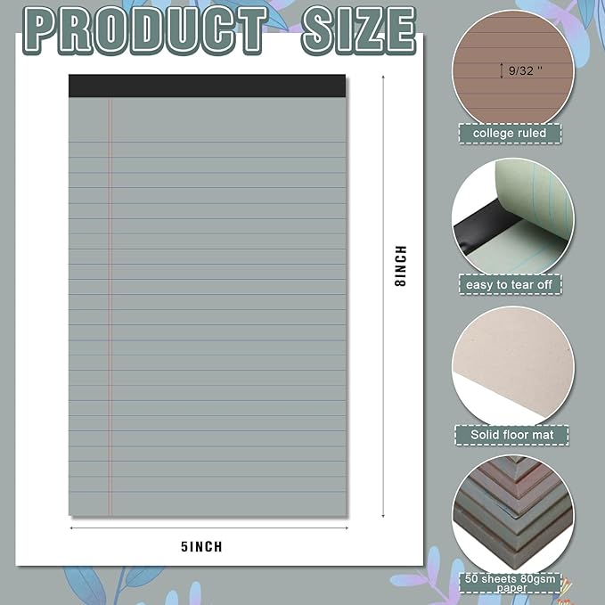 Lincia 12 Pcs 5" x 8" Colored Note Pads Mini Legal Pads Ruled 50 Sheets Per Micro Writing Pads Perforated and Lined for College Office Supplies (Fresh Colors)