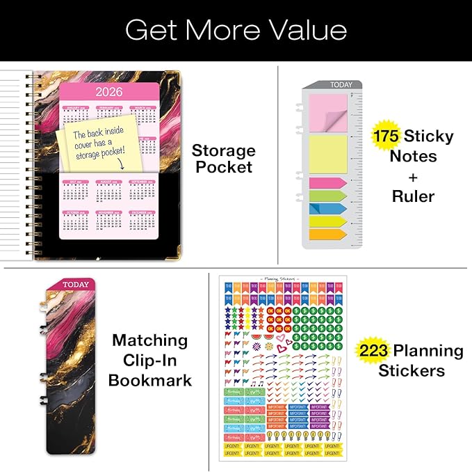 HARDCOVER 2025 Planner, 8.5"x11": 14 Months (November 2024 - December 2025), Daily Weekly Monthly Planner, Yearly Agenda, Bookmark, Pocket Folder and Sticky Note Set (Dark Gold Marble)