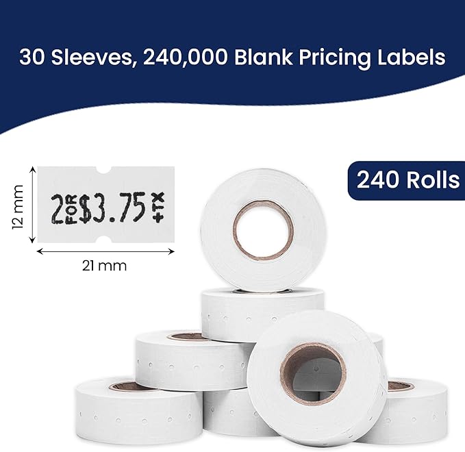 Perco 1 Line White Labels - Case of 30 Sleeves, 240,000 Blank Pricing Labels for Perco 1 Line Price and Date Guns