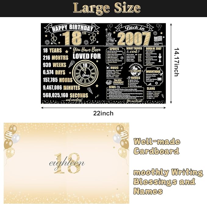 Large 18th Birthday Card With Envelope for Boys Girls, 2007 Black Gold Happy 18th Birthday Giant Guest Signature Book Gifts, Big Vintage 2007 18th Greeting Card Decoration Party Supplies