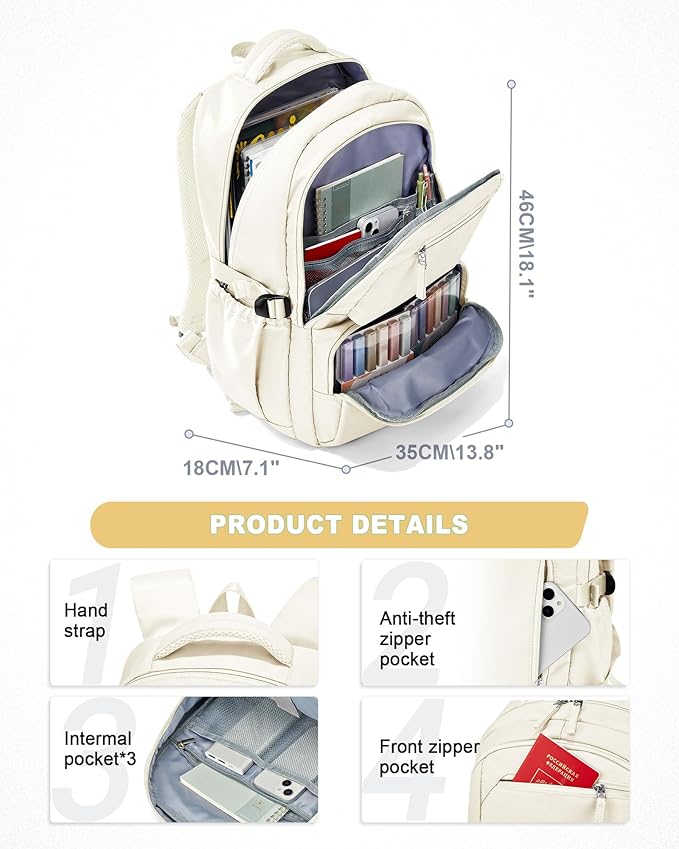 Lightweight School Backpack, College Bookbag for Boys Girls, 15.6 Inch Laptop Work Bag, Gym Backpack for Men Women, Large Capacity Waterproof Backpack for Campus School, Business, Beige