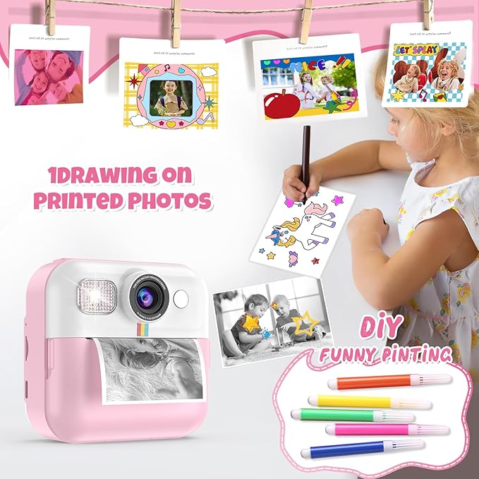 Kids Instant Print Camera, 1080P for Girls & Boys Age 3-10, Pink with 3 Roller Photo Paper