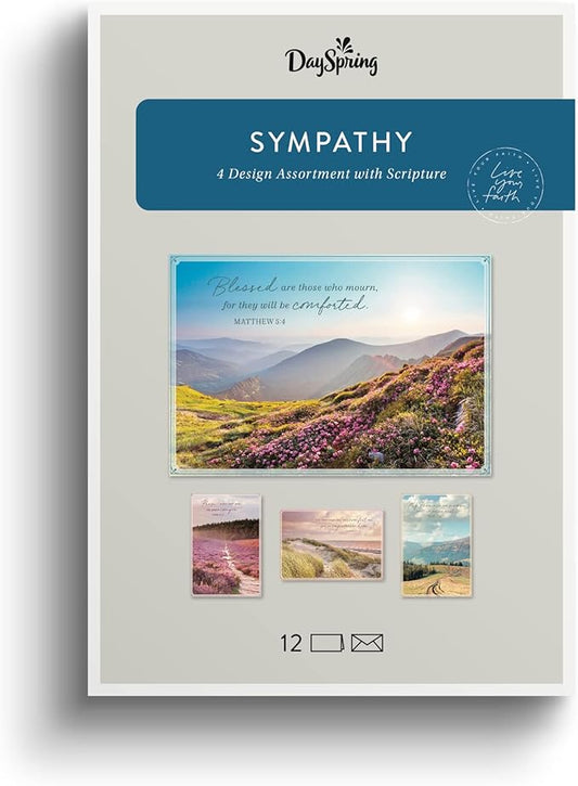 DaySpring - Sympathy - Blessed are Those Who Mourn - 4 Nature Landscape Design Assortment with Scripture - 12 Sympathy Boxed Cards & Envelopes (U0060)