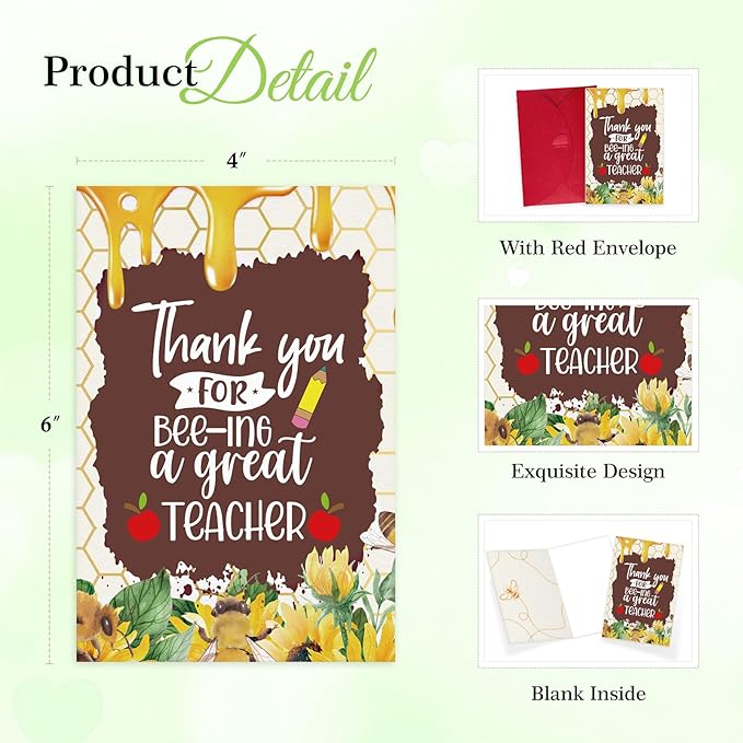 FaCraft Teacher Appreciation Cards, Thank You Cards with Envelopes, 4 x 6,Thank You for Helping Me Grow, for Preschool Kindergarten Teacher Gift Card from Kids Students Daycare (Honey)