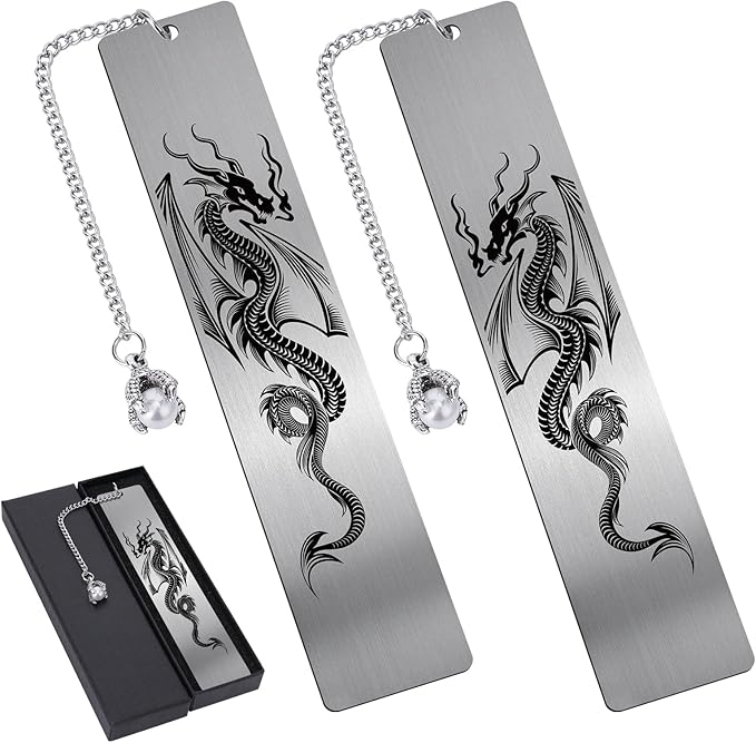 Dragon Metal Bookmark Gift - 2 PCs Cool Bookmarks for Reading Men Boys Fantasy Novel Dragon Lovers Readers Book Marks Pendant Bookish Students School Supplies Book Club Christmas Birthday