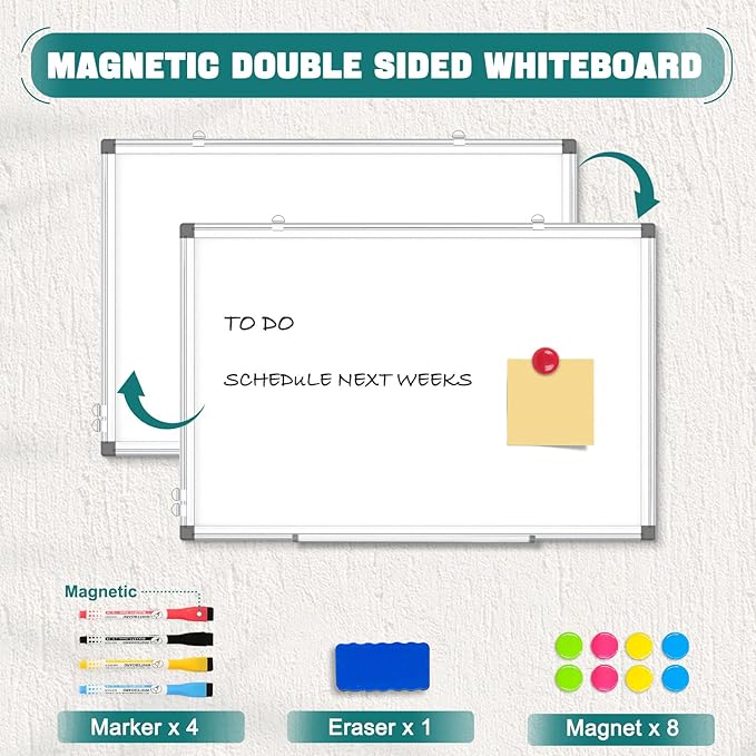 Double-Sided Magnetic White Board, 20"x30" Dry Erase Whiteboard for Wall with Aluminum Frame Presentation Board for School, Office and Home