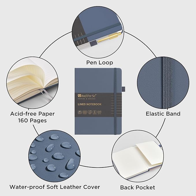 A5 Lined Journal and Pen Set, Hardcover Notebook with Pen, 160 Pages 100gsm Thick Ruled Paper for for Women Men Work Business School or Home Writing, 5.7'' x 8'' (Dark Blue)