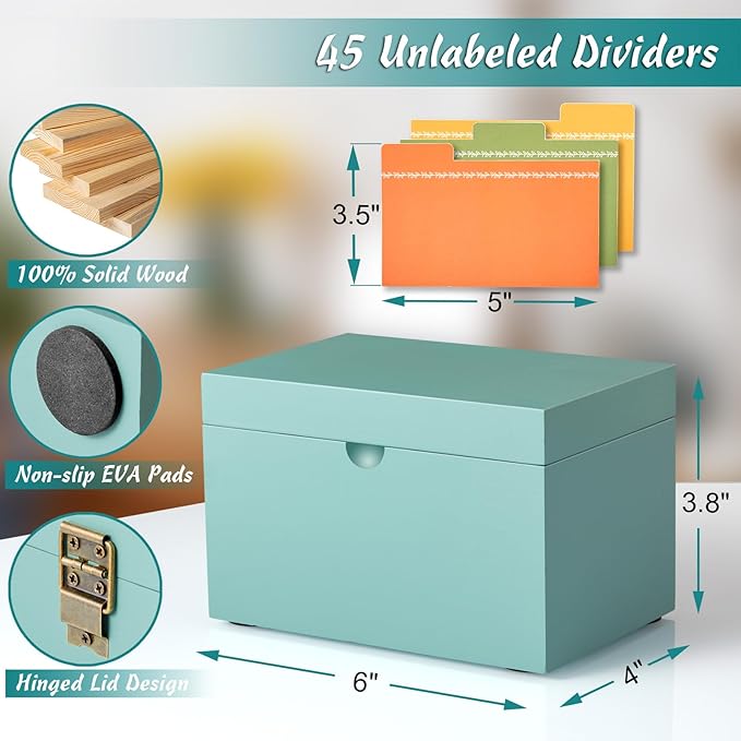 DRASTAR Index Card Holder, 3x5 Index Card Box, Wooden Index Card Organizer with 45 Index Card Dividers, Flashcard Notecard Holders for Home Office, Teal