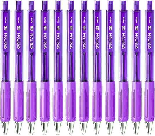Writon Retractable Ballpoint Pens, Triangle Grip and Barrel, 1.0mm Medium Point, Purple Ink, 12 Pack