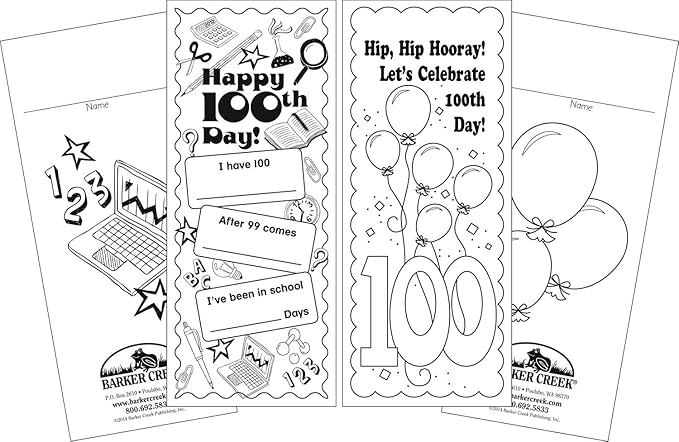Barker Creek Bookmark Duets, Color Me 100th Day, 2 Designs, Adult Coloring Book Style, Celebrate 100th Day with these Fun Bookmarks, 60 Bookmarks, 30 each of 2 Designs, 2.5" x 6" (2199)