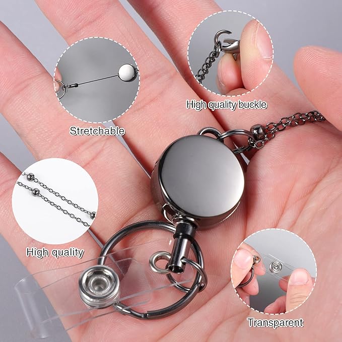 Lanyards for Id Badges 3 Pack Badge Lanyard with 6 Pcs Id Badge Holder Retractable Stainless Steel Teacher Lanyards Cruise Ship Lanyards for Girl Women (Black, Silver, Bright Blue)