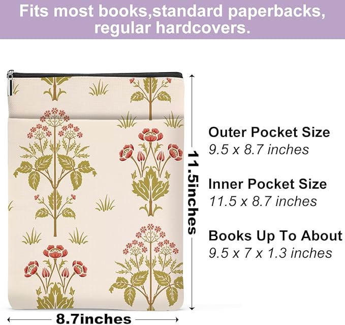 Retro Floral Book Sleeve Book Cover Classic Flower Book Protector with Zipper Christmas Birthday Book Club Gifts Book Accessories for Women Sister Bestie Librarian Girls Bookish Book Lovers Gifts