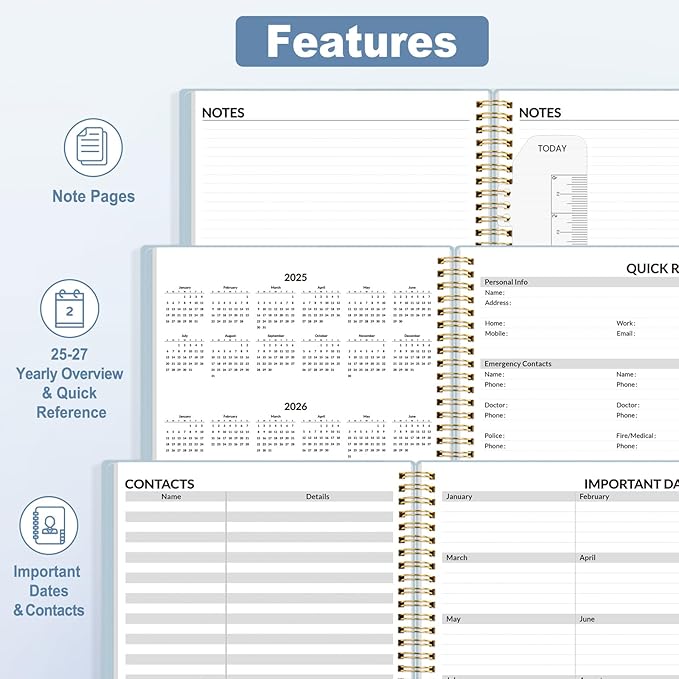 SUNEE 2025 Appointment Book, Quarter-Hourly, Weekly & Monthly - from January 2025 - December 2025, 8.5"x11" Weekly Planner, Flexible Cover, Note Pages, Pockets, Bookmark, Spiral Binding, Blue