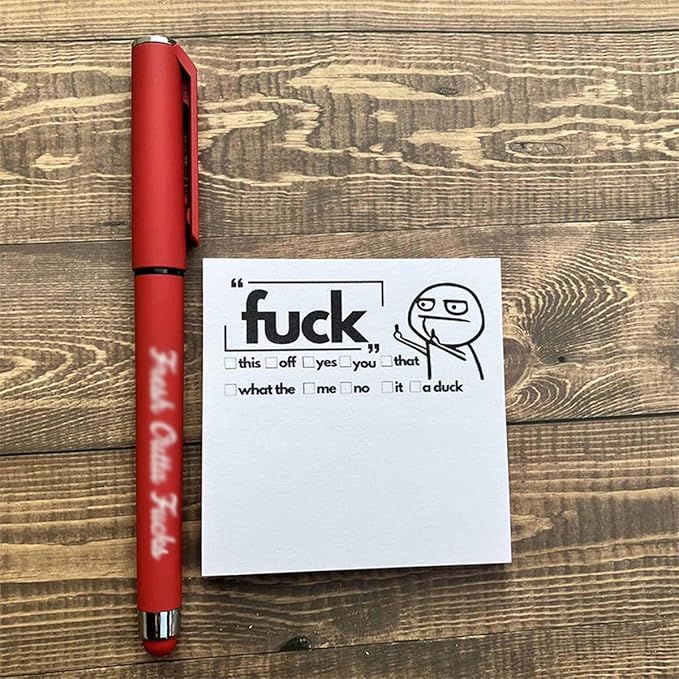 Fresh Outta Fucks Pad and Pen Funny Sticky Notes and Pen Set White Elephant Gift Novelty Pen Funny Desk Accessory Fun Gifts for Friends (Red+Black)