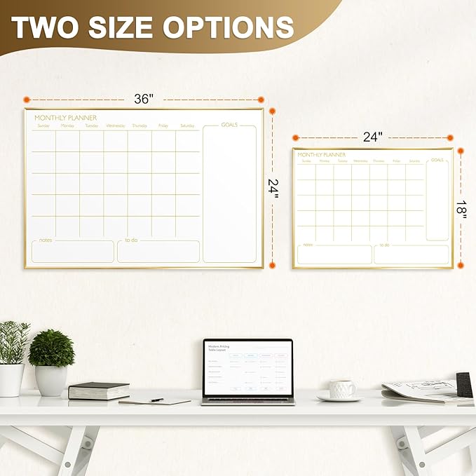 Magnetic Dry Erase Calendar Board for Wall - 24'' x 18'' Monthly Calendar Whiteboard - Gold Aluminum Frame
