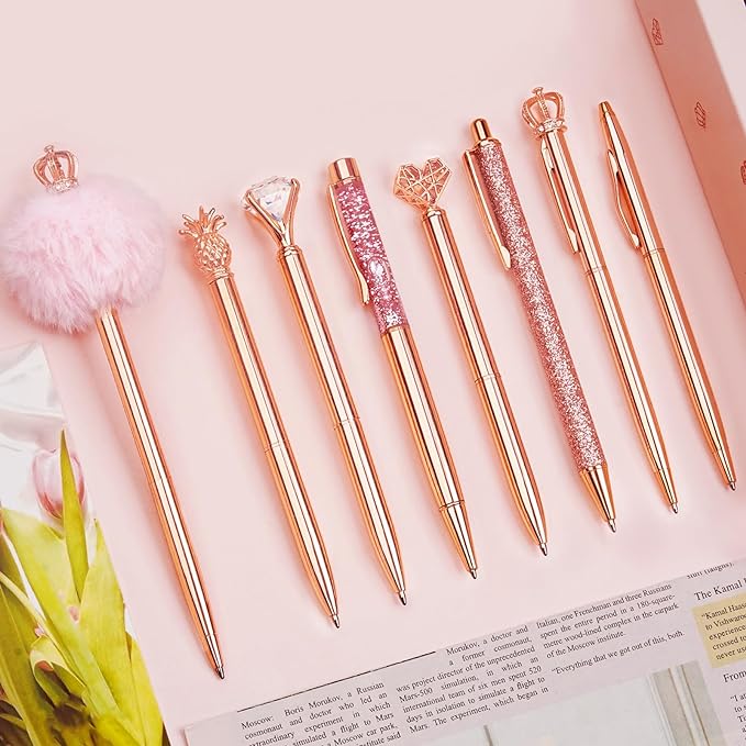 WEMATE 8Pcs Ballpoint Pens Set Metal Crystal Diamond Pen Glitter Pen for Journaling Pen Bling in Black & Blue Ink Pretty Cute Pens Fancy Pens Gifts for Women Wedding School Office Desk (Rose Gold)