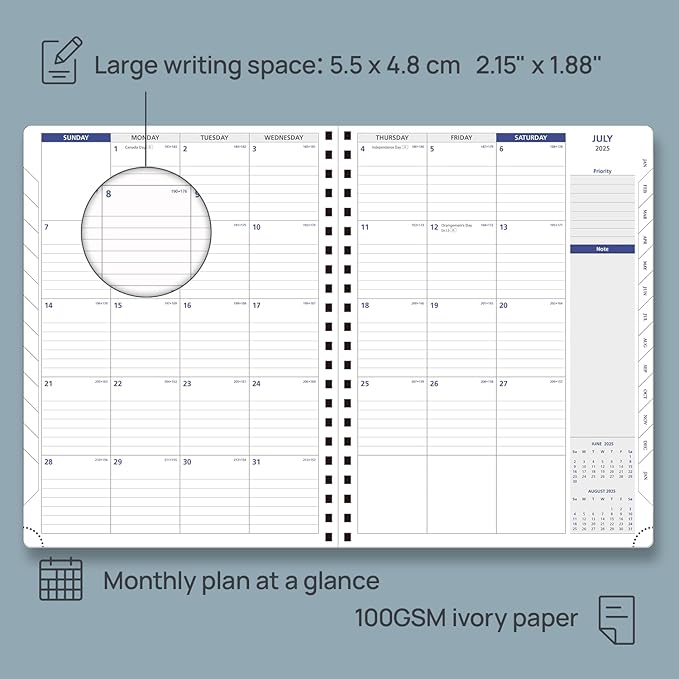 POPRUN 2025 Monthly Calendar Spiral Bound with Monthly Tabs 8.5" x 11", Large Writing Space Monthly Planner with PU Leather Soft Cover, Dual Pockets, Sunday Start - Soft Pink
