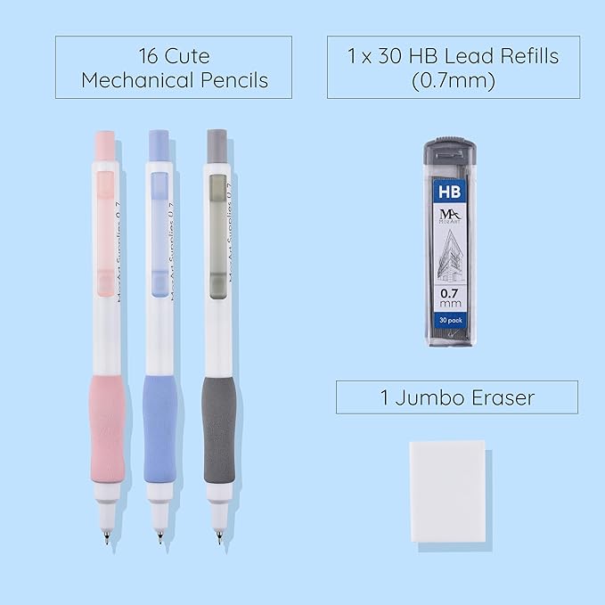 MozArt Cute Mechanical Pencil Set 0.7mm, 16PCS with 30 HB Lead Refills Drafting, Art, Drawing Supplies, Aesthetic Pastel Mechanical Pencils for Girls Writing