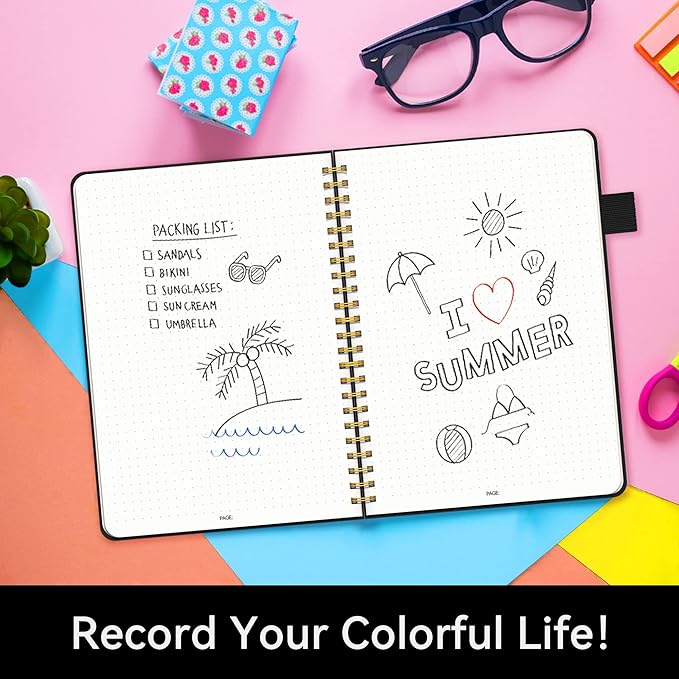 Alltree Spiral Dot Grid Notebook Journal, Dotted Paper Notebook for Work, Hardcover Spiral Bound Notebook with Pen Loop, Pocket, Stickers, 160 Pages, Journal for Women & Men, Black(6"x8.5")