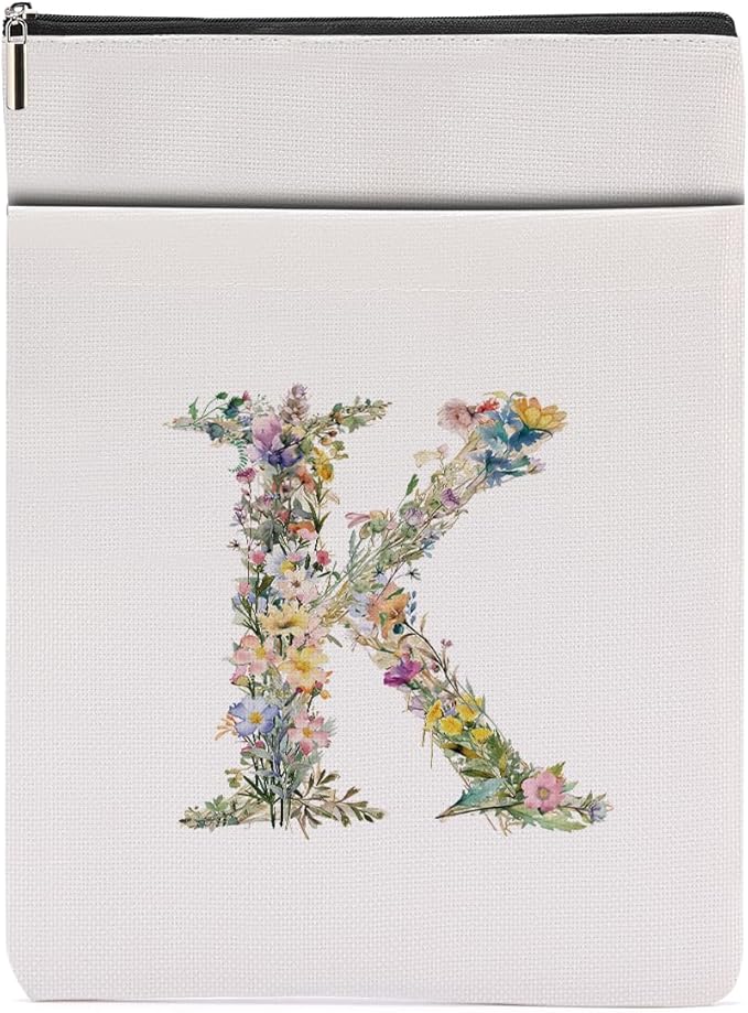 Monogrammed Book Sleeve Floral K Initial Book Pouch Book Accessories Book Lovers Gifts Waterproof Book Cover Book Protector Bookish Gifts Personalized Gifts for Women Girls Readers Bride Mama