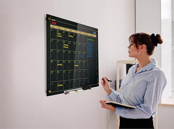 Real Glass Dry Erase Monthly Calendar, Extra Large 24" x 36", Tempered Glass Surface, Frameless Wall Mount, with 4 Assorted Color Markers and Eraser, by Better Office Products (Jet Black/Gold Print)