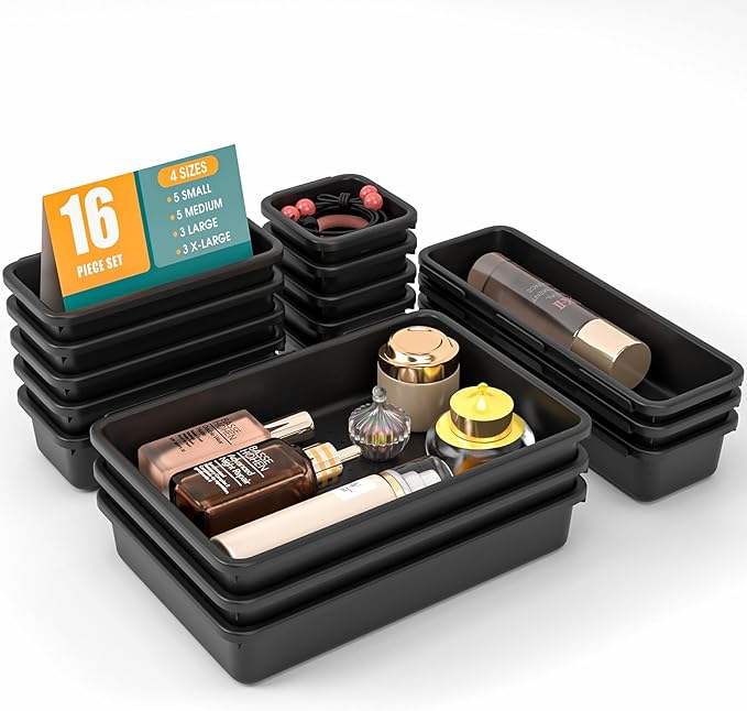 16 PCS Drawer Organizer Set, 4 Size Makeup Drawer Divider Organizer With Non-Slip Pads, Interlocking Plastic Storage Bins for Office,Jewelry Vanity,Gadgets, Bathroom,Kitchen, Black