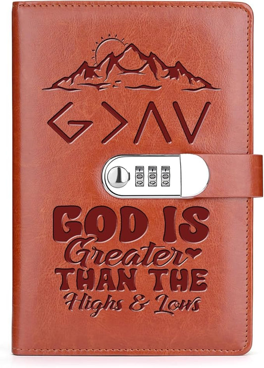 God is Greater Than The Highs and Lows Religious A5 Locking Journal Faux Lined Leather Journal Refillable Journal with Lock (Lock-God Greater Than)
