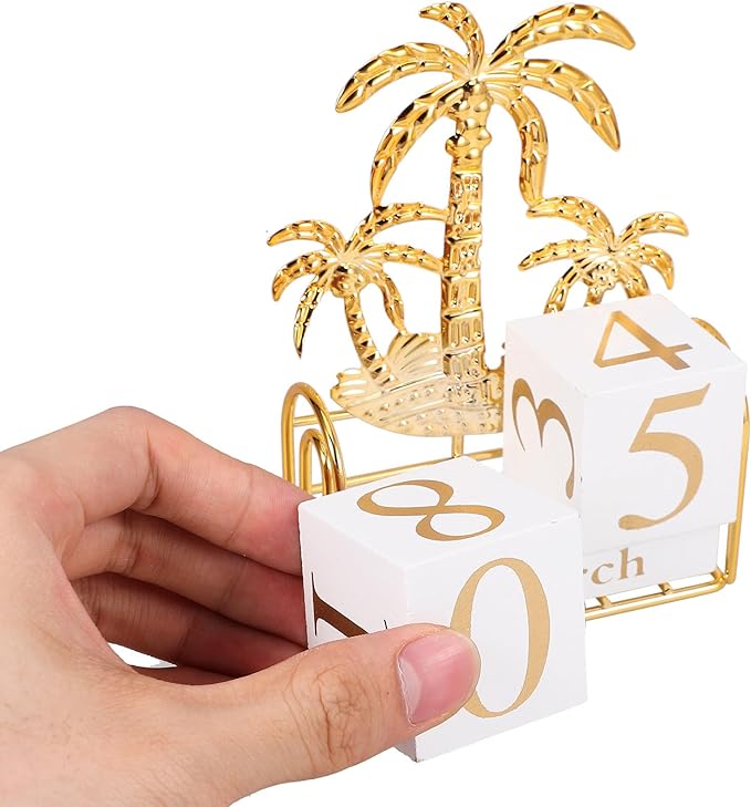 SUPVOX Wooden Block Calendar for Desk Daily Desktop Perpetual Calendar Wood Month Date Display Blocks Farmhouse Desk Accessories for Home Office Decor Reusable Yearly Coconut Tree Design