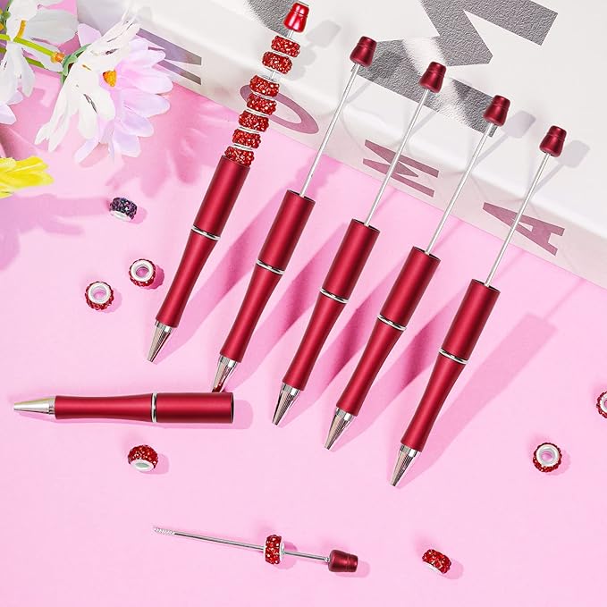 jiebor 30Pcs Red Beadable Pens Plastic Bead Pen Black Ink Ballpoint Pens Diy Pens Cute Cool Pens for Teacher Bridal Graduation Gift Office School Supplies