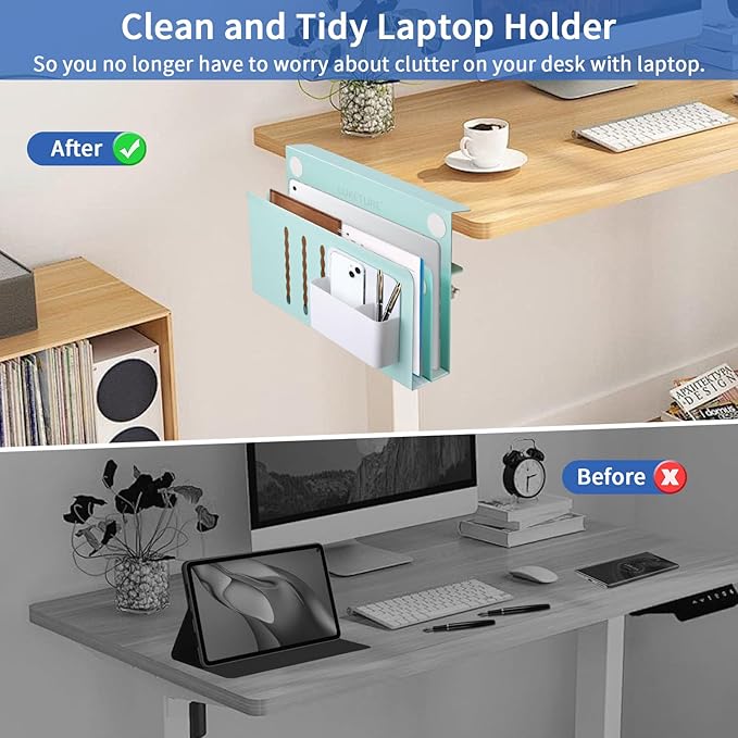 LUKETURE Desk Side Storage, 2 Tier Steel Hanging Organizer, No Drill Side Desk Organizer, Laptop Holder, with Pen Holder, Hanging Table Storage for Office and Home (Blue, L(2 Tier))