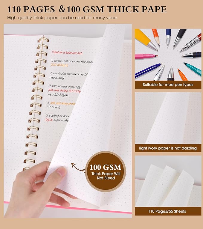 Dotted Notebook, Spiral Notebook Journal 8.5” x 11”, A4 Large Dot Grid Notebooks for Women Men, 100 GSM Dotted Paper, Plastic Hardcover Spiral Bullet Dotted Journals for Work School Sketching, Pink