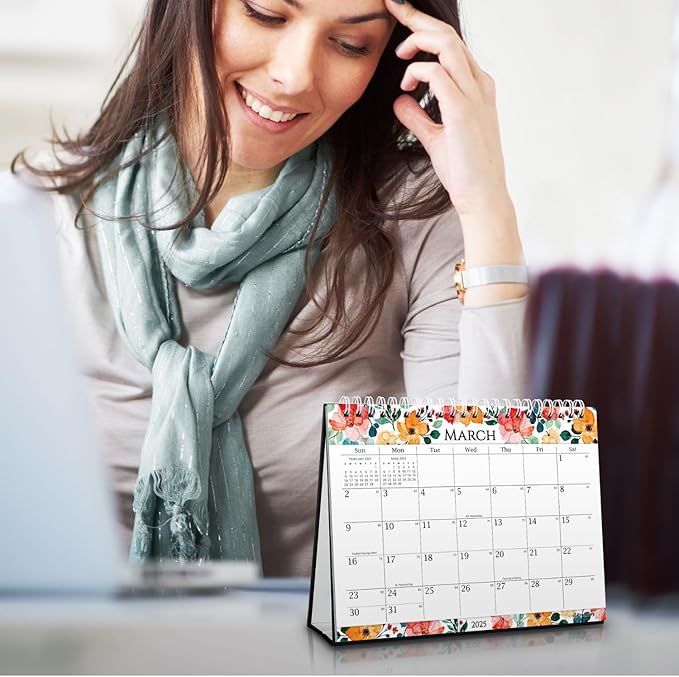 CRANBURY Standing Desk Calendar 2025 8x6 (Floral), Small Stand Up Calendar with Gorgeous Flower Designs, Compact Monthly Flip Popup Desktop Calendar