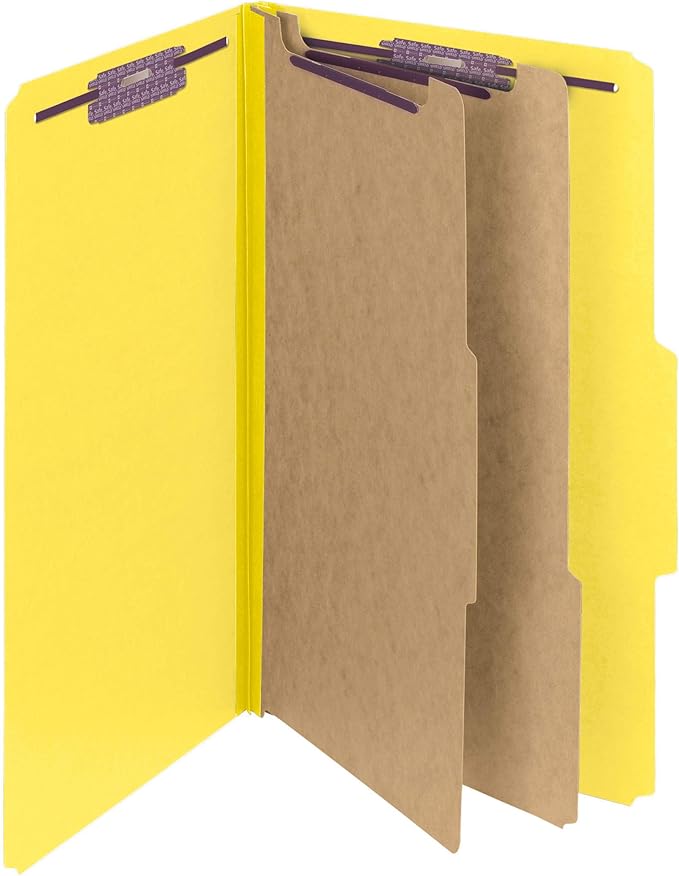 Smead Pressboard Classification File Folder with SafeSHIELD Fasteners, 2 Dividers, 2" Expansion, Legal Size, Yellow, 10 per Box (19034)