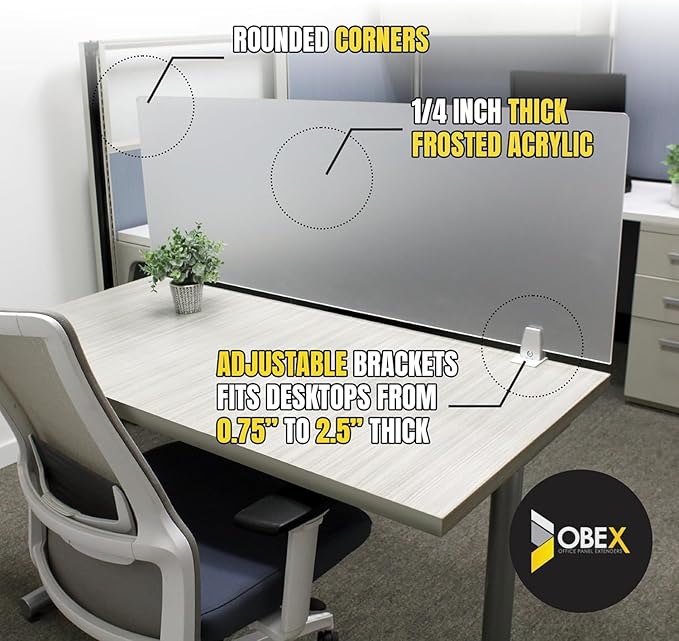 Obex Frosted Acrylic Desk Mounted Privacy Panel, 12", Aluminum
