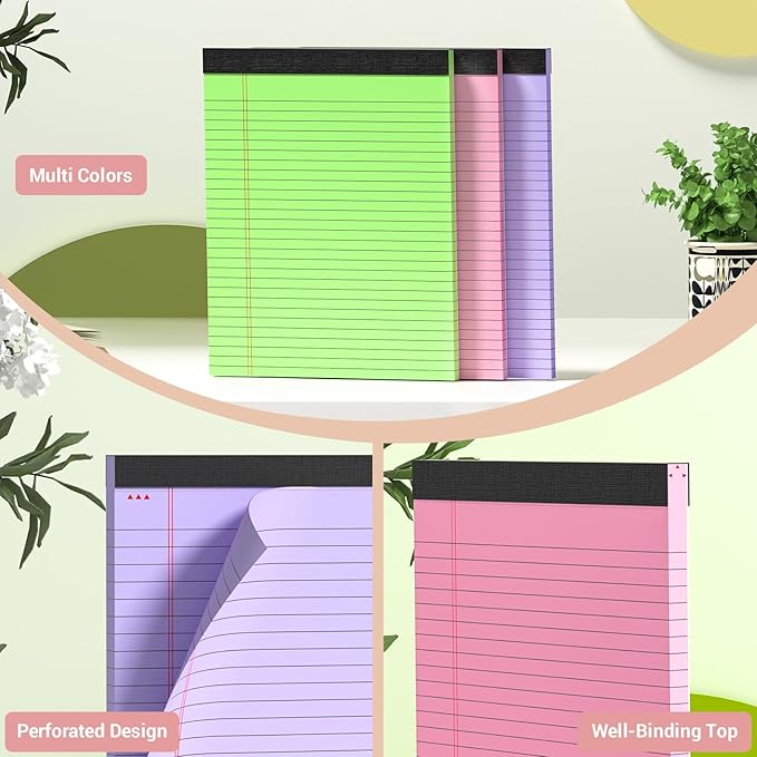 Legal Pads 8.5 x 11 Colored Notepad, 3 Pack Note Pads Wide Ruled Lined Paper, Micro Perforated Writing Pads Legal Pad, 30 Sheet/Note Pads, Notebook Paper Tablet for School, Pink Legal Pad 8.5 x 11